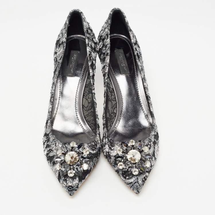 Pre Owned Dolce & Gabbana Grey/Black Lace Crystal Embellished Bellucci Pumps Size 41