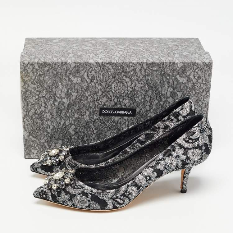 Pre Owned Dolce & Gabbana Grey/Black Lace Crystal Embellished Bellucci Pumps Size 41