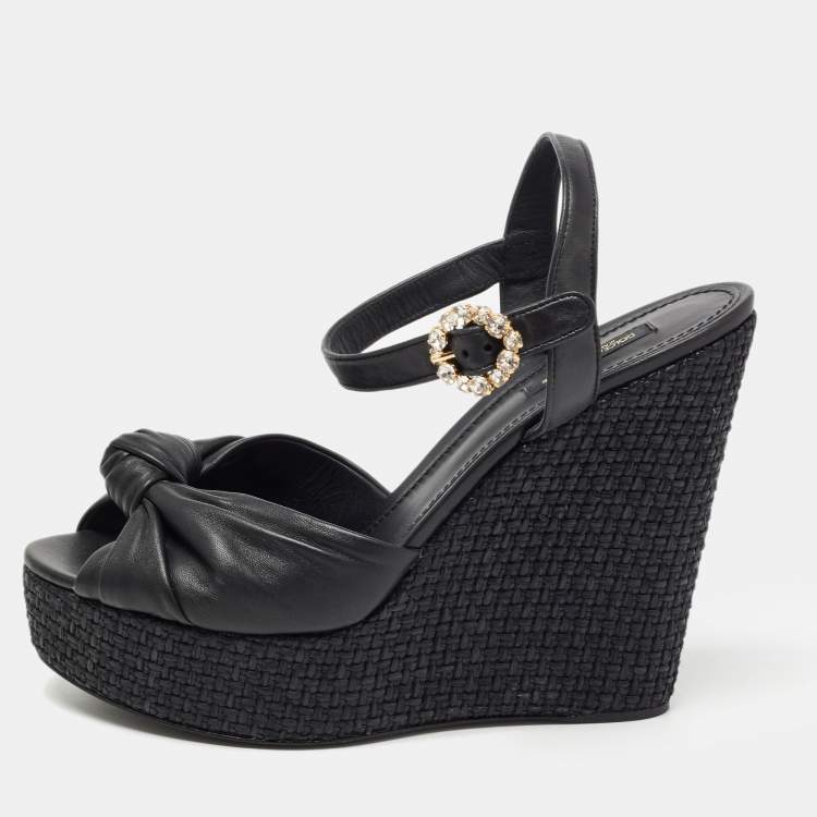 Pre Owned Dolce & Gabbana Black Leather Raffia  Wedge Sandals Size 41