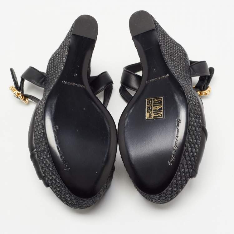 Pre Owned Dolce & Gabbana Black Leather Raffia  Wedge Sandals Size 41