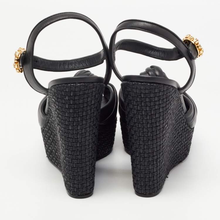 Pre Owned Dolce & Gabbana Black Leather Raffia  Wedge Sandals Size 41