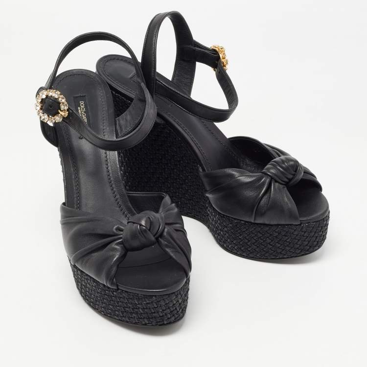 Pre Owned Dolce & Gabbana Black Leather Raffia  Wedge Sandals Size 41