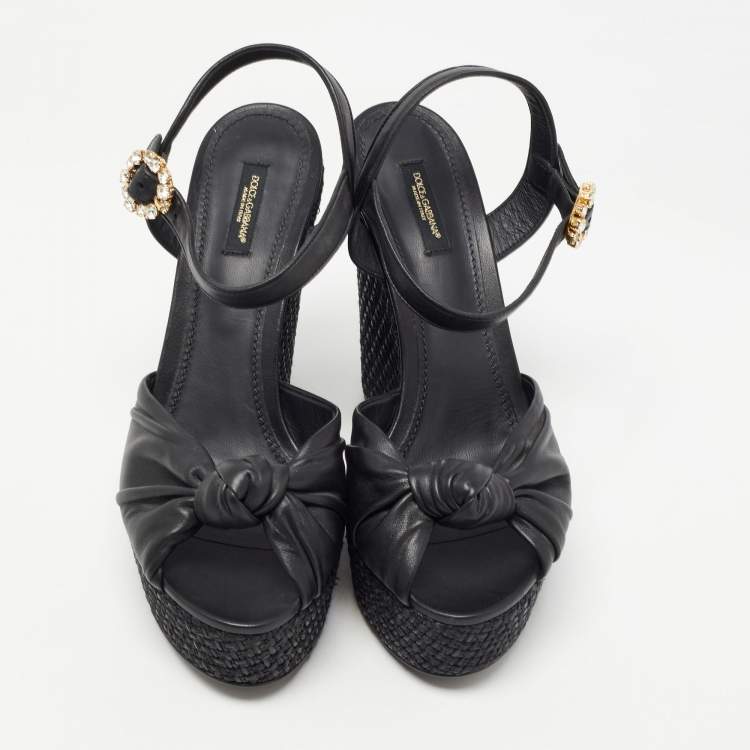 Pre Owned Dolce & Gabbana Black Leather Raffia  Wedge Sandals Size 41