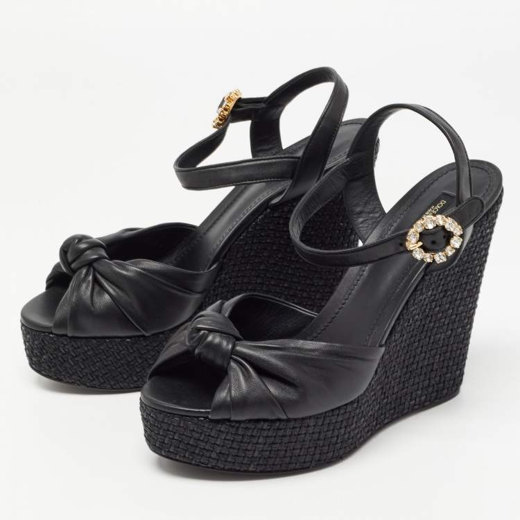 Pre Owned Dolce & Gabbana Black Leather Raffia  Wedge Sandals Size 41