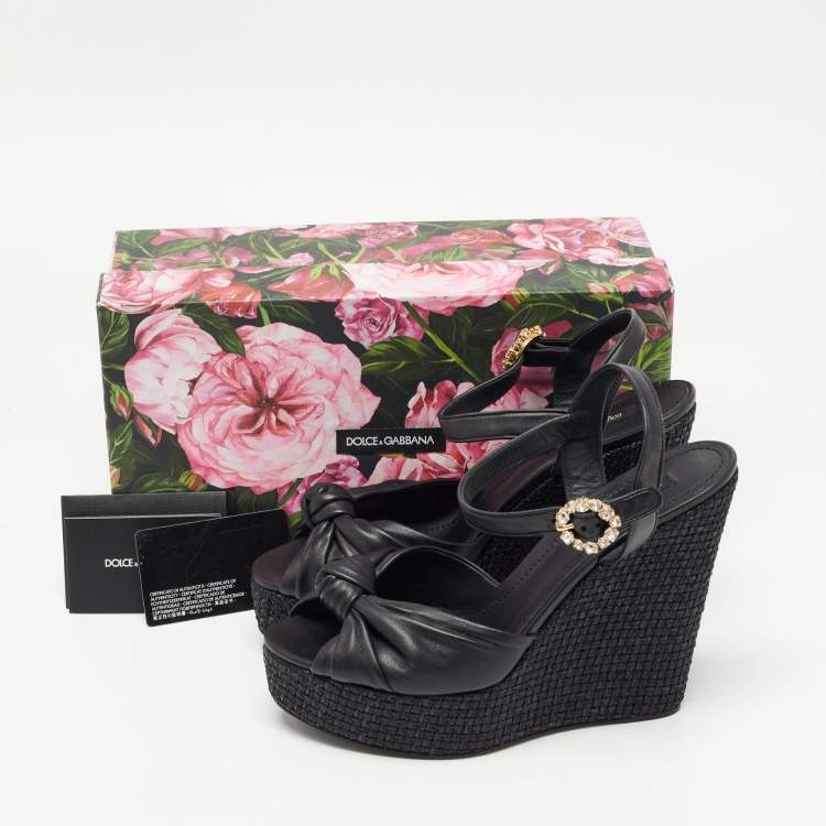Pre Owned Dolce & Gabbana Black Leather Raffia  Wedge Sandals Size 41