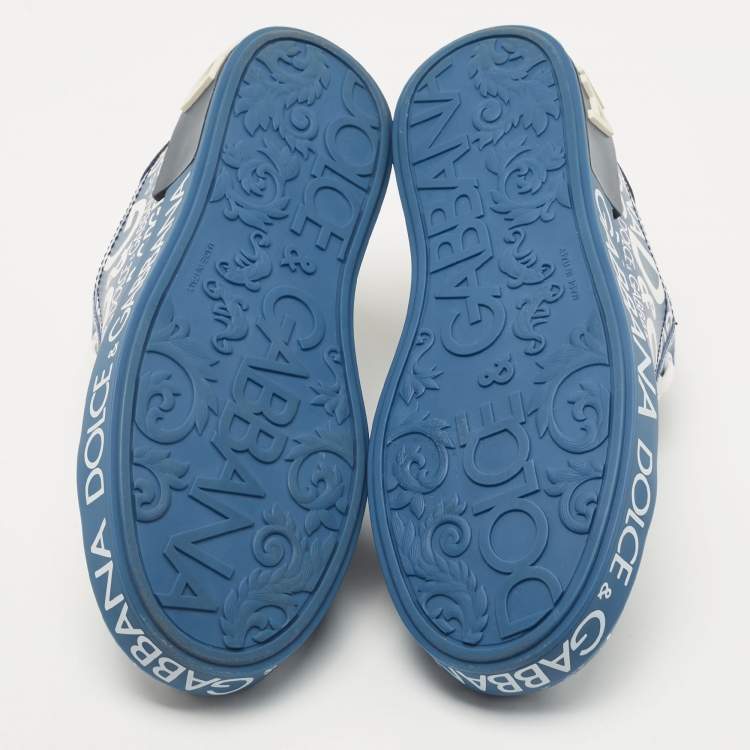 Pre Owned Dolce & Gabbana Blue Leather Logo Print Portofino Low Top Sneakers  Size 38