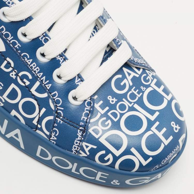 Pre Owned Dolce & Gabbana Blue Leather Logo Print Portofino Low Top Sneakers  Size 38