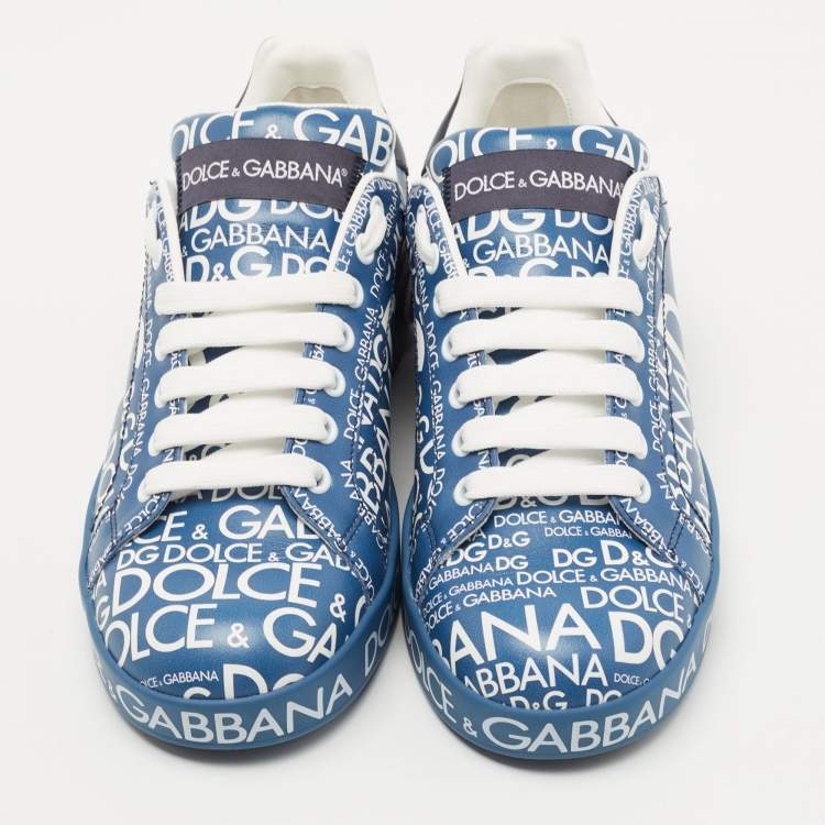 Pre Owned Dolce & Gabbana Blue Leather Logo Print Portofino Low Top Sneakers  Size 38