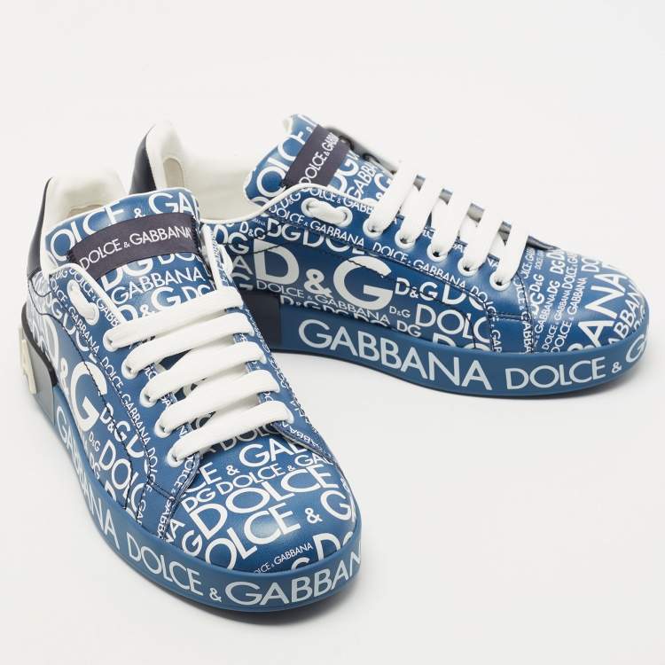 Pre Owned Dolce & Gabbana Blue Leather Logo Print Portofino Low Top Sneakers  Size 38