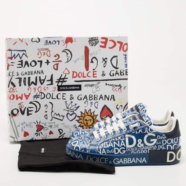 Pre Owned Dolce & Gabbana Blue Leather Logo Print Portofino Low Top Sneakers  Size 38