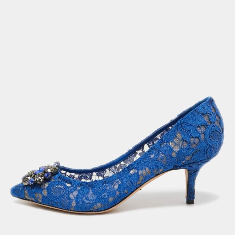 Pre Owned Dolce & Gabbana Blue Lace and Mesh Bellucci Pumps Size 38