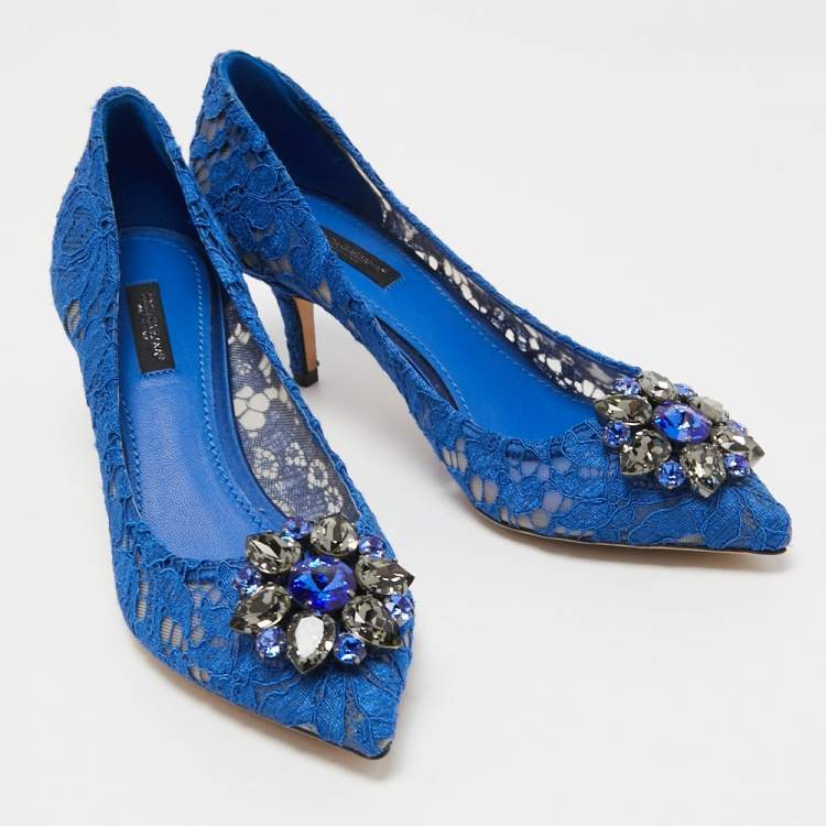 Pre Owned Dolce & Gabbana Blue Lace and Mesh Bellucci Pumps Size 38