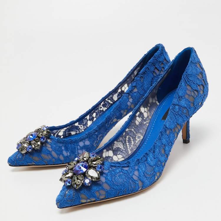 Pre Owned Dolce & Gabbana Blue Lace and Mesh Bellucci Pumps Size 38