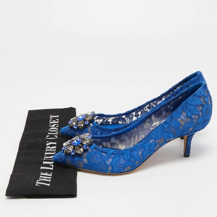 Pre Owned Dolce & Gabbana Blue Lace and Mesh Bellucci Pumps Size 38