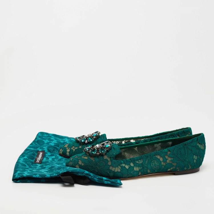 Pre Owned Dolce & Gabbana  Green Lace Taormina  Crystal Embellished Ballet Flats Size 40