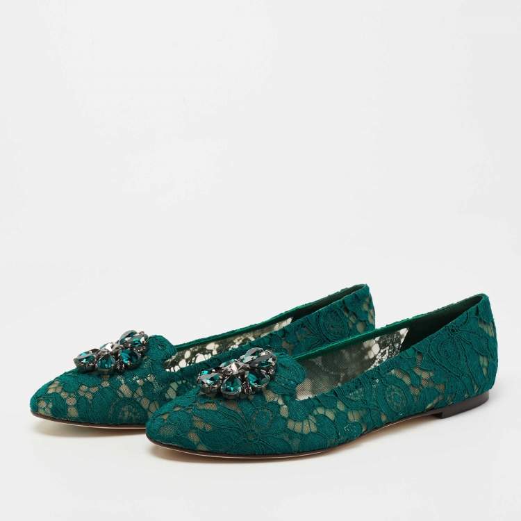 Pre Owned Dolce & Gabbana  Green Lace Taormina  Crystal Embellished Ballet Flats Size 40