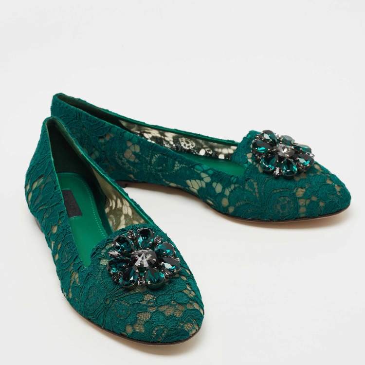 Pre Owned Dolce & Gabbana  Green Lace Taormina  Crystal Embellished Ballet Flats Size 40