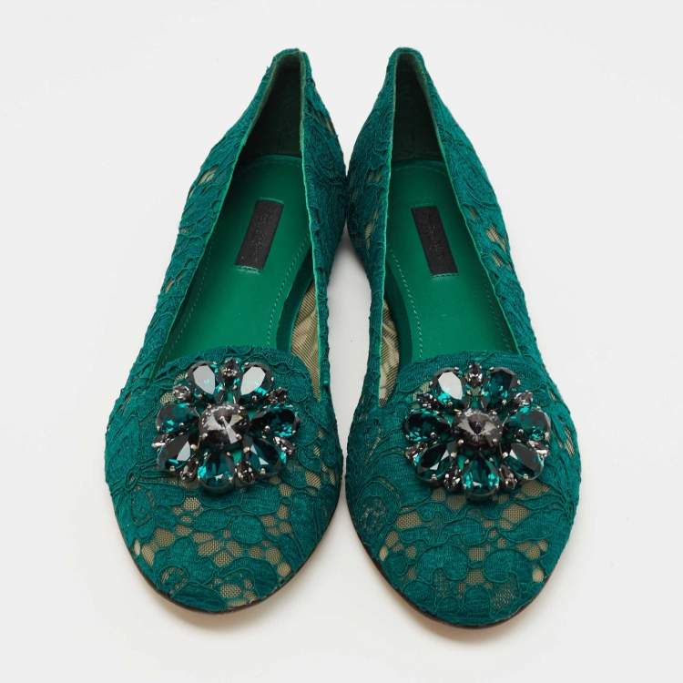 Pre Owned Dolce & Gabbana  Green Lace Taormina  Crystal Embellished Ballet Flats Size 40