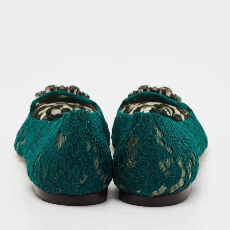 Pre Owned Dolce & Gabbana  Green Lace Taormina  Crystal Embellished Ballet Flats Size 40