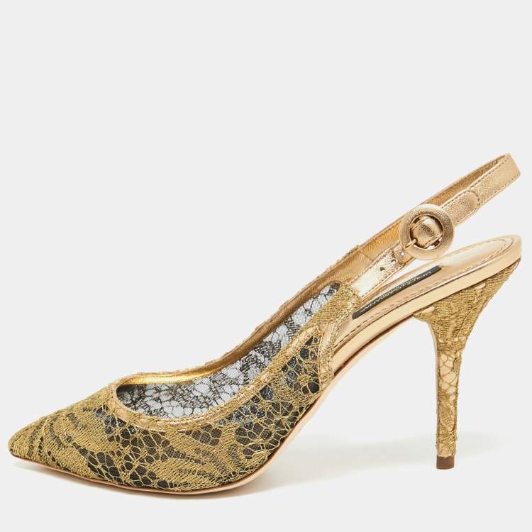 Pre Owned Dolce & Gabbana Gold Lace and Leather Bellucci Slingback Pointed Toe Pumps Size 39.5