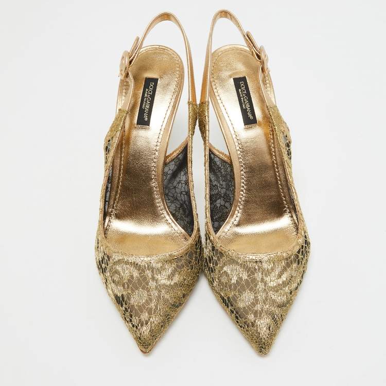 Pre Owned Dolce & Gabbana Gold Lace and Leather Bellucci Slingback Pointed Toe Pumps Size 39.5