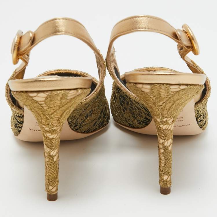 Pre Owned Dolce & Gabbana Gold Lace and Leather Bellucci Slingback Pointed Toe Pumps Size 39.5