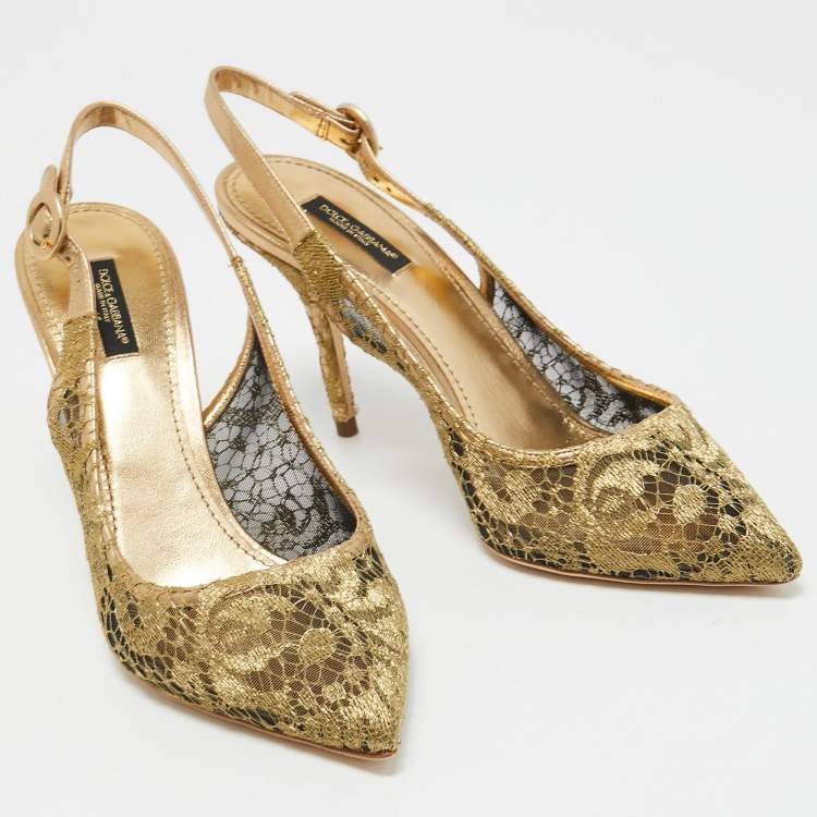 Pre Owned Dolce & Gabbana Gold Lace and Leather Bellucci Slingback Pointed Toe Pumps Size 39.5