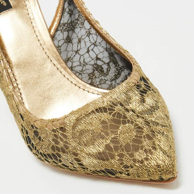 Pre Owned Dolce & Gabbana Gold Lace and Leather Bellucci Slingback Pointed Toe Pumps Size 39.5