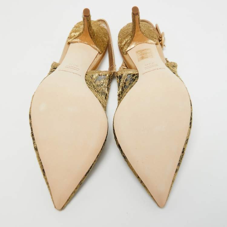 Pre Owned Dolce & Gabbana Gold Lace and Leather Bellucci Slingback Pointed Toe Pumps Size 39.5