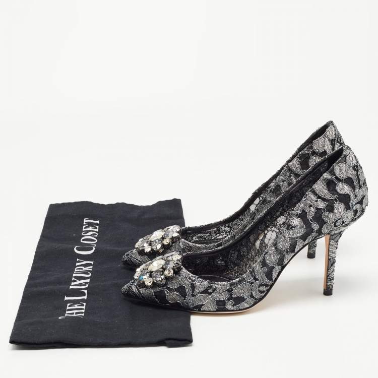 Pre Owned Dolce & Gabbana Metallic Grey/Black Lace Bellucci Pointed Toe Pumps Size 38