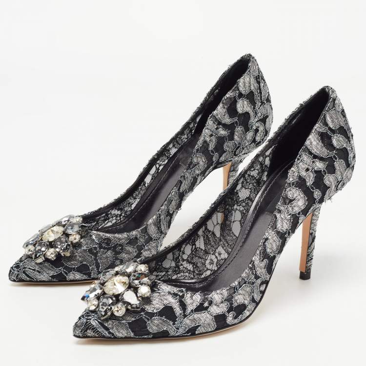 Pre Owned Dolce & Gabbana Metallic Grey/Black Lace Bellucci Pointed Toe Pumps Size 38