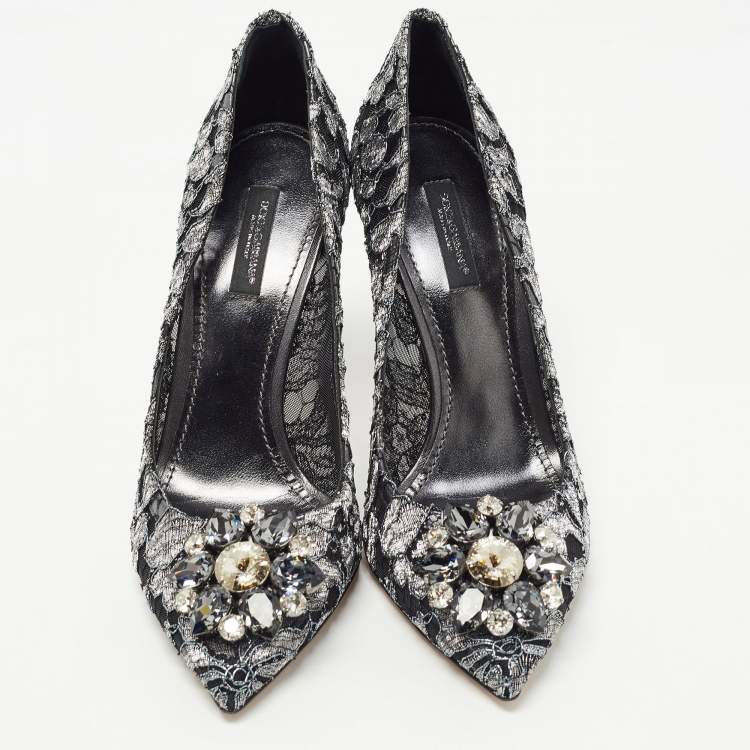 Pre Owned Dolce & Gabbana Metallic Grey/Black Lace Bellucci Pointed Toe Pumps Size 38