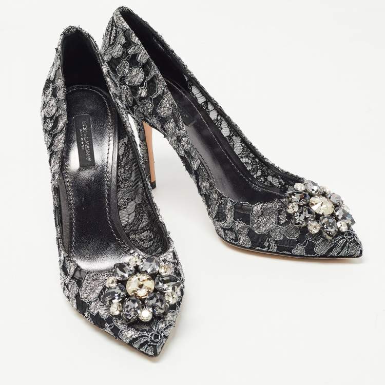 Pre Owned Dolce & Gabbana Metallic Grey/Black Lace Bellucci Pointed Toe Pumps Size 38