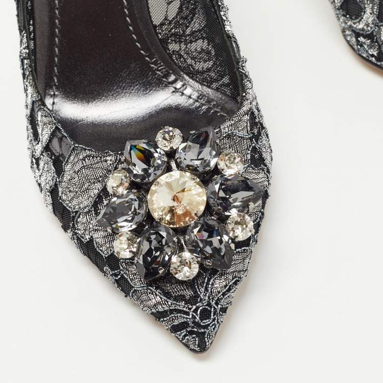 Pre Owned Dolce & Gabbana Metallic Grey/Black Lace Bellucci Pointed Toe Pumps Size 38
