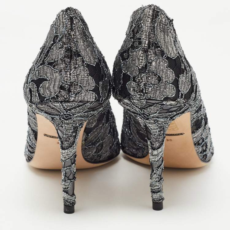 Pre Owned Dolce & Gabbana Metallic Grey/Black Lace Bellucci Pointed Toe Pumps Size 38
