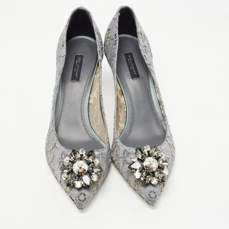 Pre Owned Dolce & Gabbana Grey Lace and Mesh Bellucci Crystal Embellished Pumps Size 40.5