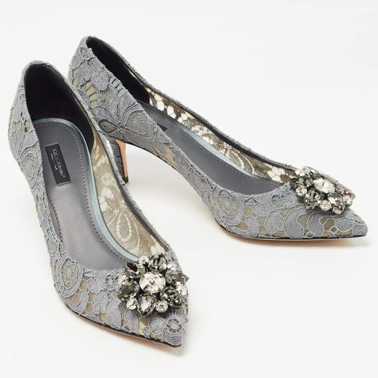 Pre Owned Dolce & Gabbana Grey Lace and Mesh Bellucci Crystal Embellished Pumps Size 40.5