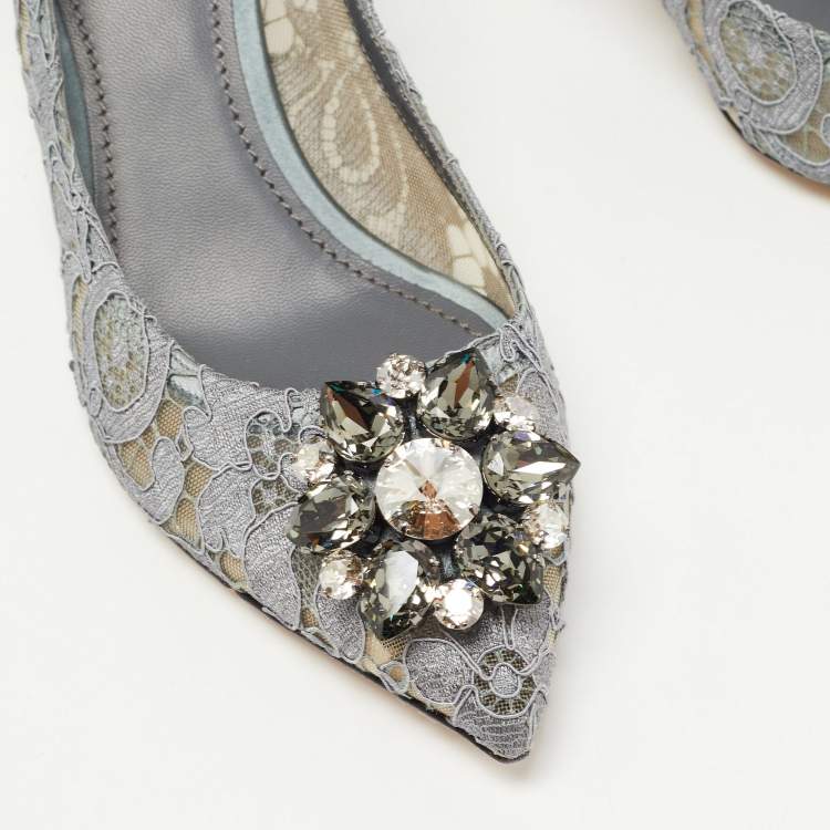 Pre Owned Dolce & Gabbana Grey Lace and Mesh Bellucci Crystal Embellished Pumps Size 40.5