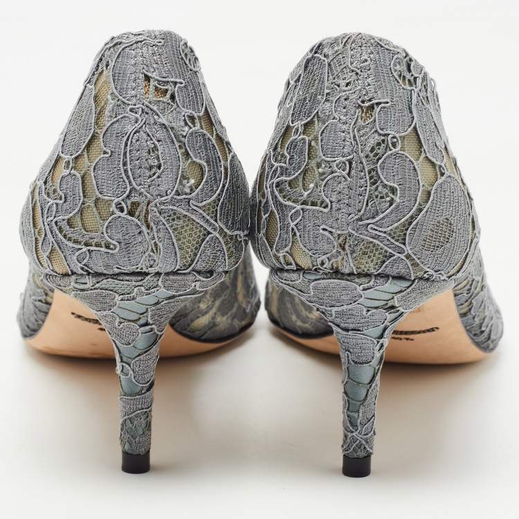 Pre Owned Dolce & Gabbana Grey Lace and Mesh Bellucci Crystal Embellished Pumps Size 40.5