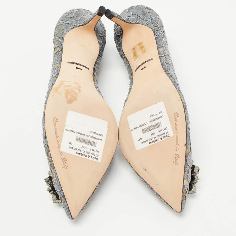 Pre Owned Dolce & Gabbana Grey Lace and Mesh Bellucci Crystal Embellished Pumps Size 40.5