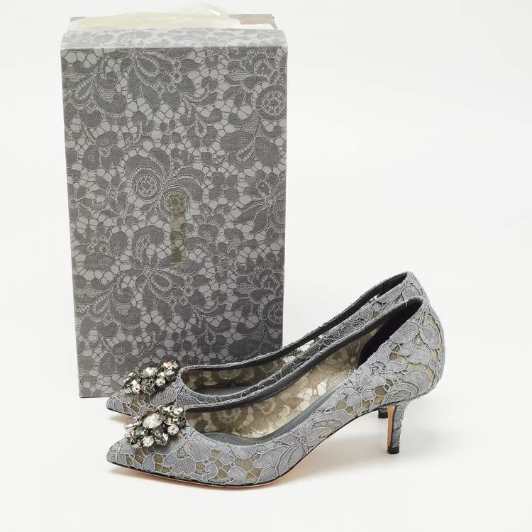 Pre Owned Dolce & Gabbana Grey Lace and Mesh Bellucci Crystal Embellished Pumps Size 40.5