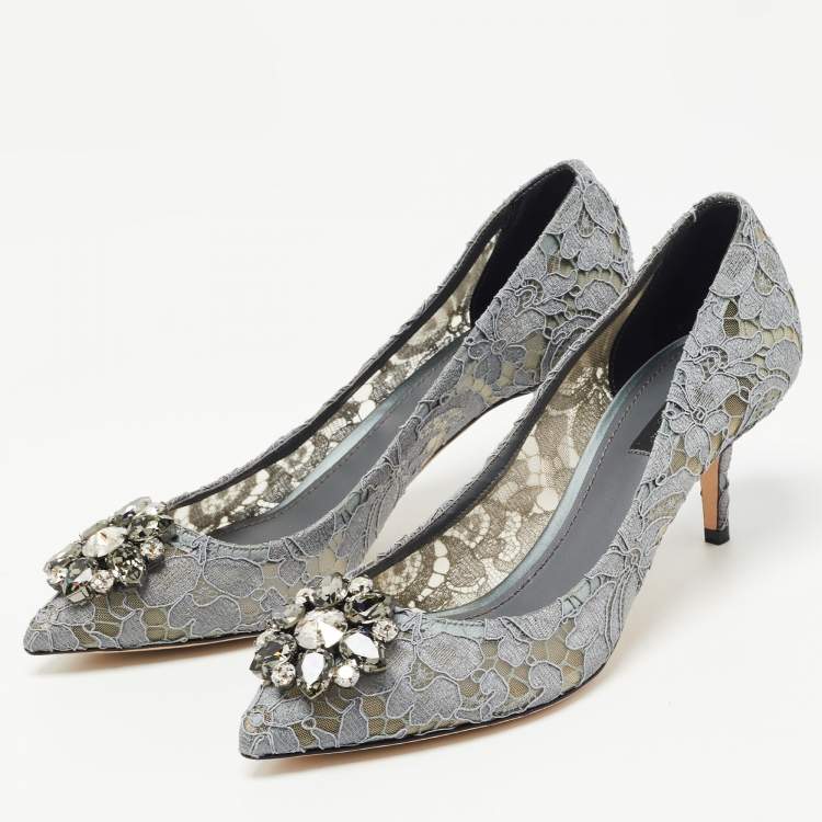Pre Owned Dolce & Gabbana Grey Lace and Mesh Bellucci Crystal Embellished Pumps Size 40.5