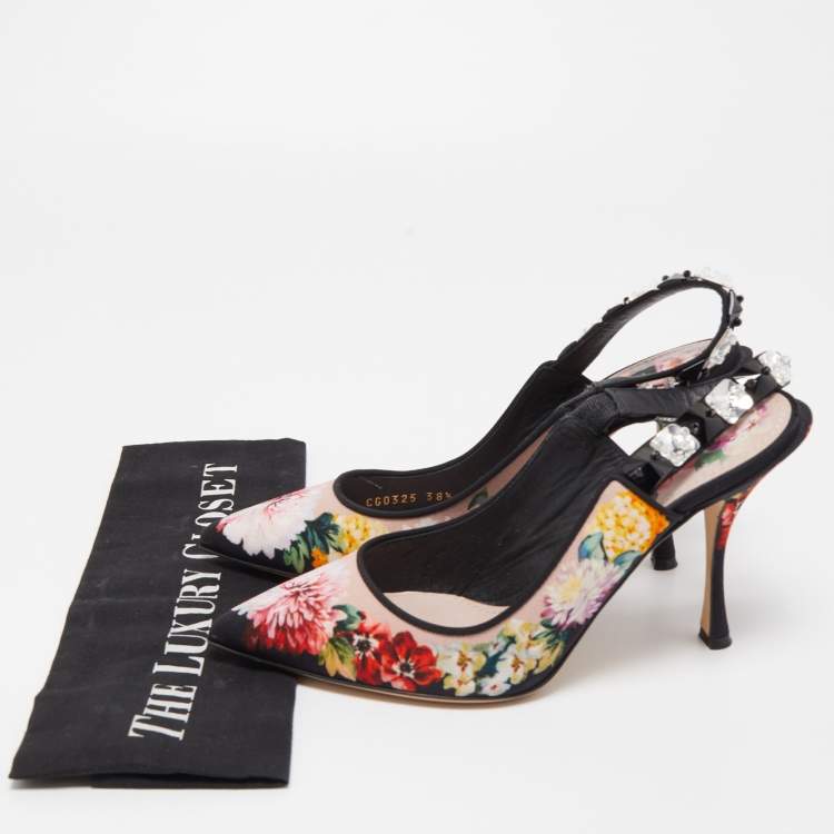 Pre Owned Dolce & Gabbana Multicolor Fabric Floral Print Crystal Embellished Slingback Pumps Size 38.5