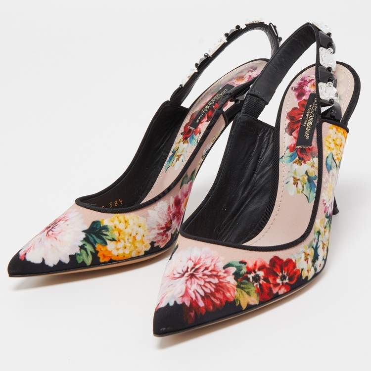 Pre Owned Dolce & Gabbana Multicolor Fabric Floral Print Crystal Embellished Slingback Pumps Size 38.5