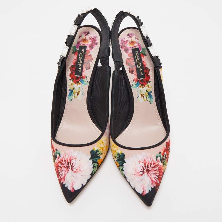 Pre Owned Dolce & Gabbana Multicolor Fabric Floral Print Crystal Embellished Slingback Pumps Size 38.5
