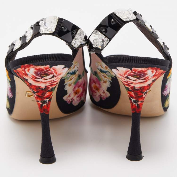 Pre Owned Dolce & Gabbana Multicolor Fabric Floral Print Crystal Embellished Slingback Pumps Size 38.5