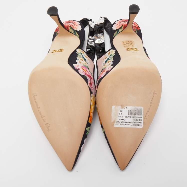 Pre Owned Dolce & Gabbana Multicolor Fabric Floral Print Crystal Embellished Slingback Pumps Size 38.5