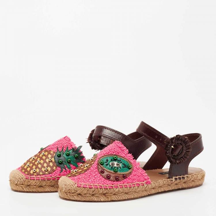 Pre Owned Dolce & Gabbana Multicolor Raffia And Leather Pineapple Kiwi Patch Espadrilles Sandals Size 36