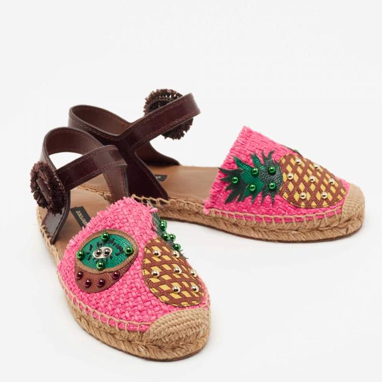 Pre Owned Dolce & Gabbana Multicolor Raffia And Leather Pineapple Kiwi Patch Espadrilles Sandals Size 36