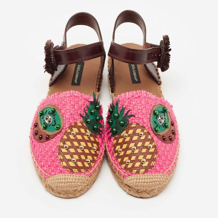 Pre Owned Dolce & Gabbana Multicolor Raffia And Leather Pineapple Kiwi Patch Espadrilles Sandals Size 36